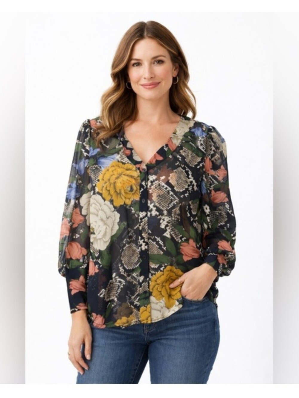 CAbi Mixed Floral and Snake-Print V-Neck Blouse in Black, Mustard, Cream Large